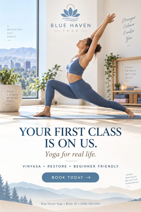 A serene yoga flyer featuring a woman in a crescent lunge pose in a bright studio with a mountain view. The design uses calming blue tones, elegant typography, and a mountain silhouette graphic.