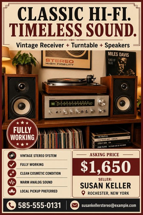 Flyer for a vintage stereo system for sale. Features a large photo of a Pioneer receiver, turntable, and wood-grain speakers. Text reads 'Classic Hi-Fi. Timeless Sound.' with price, condition details, and seller contact info.