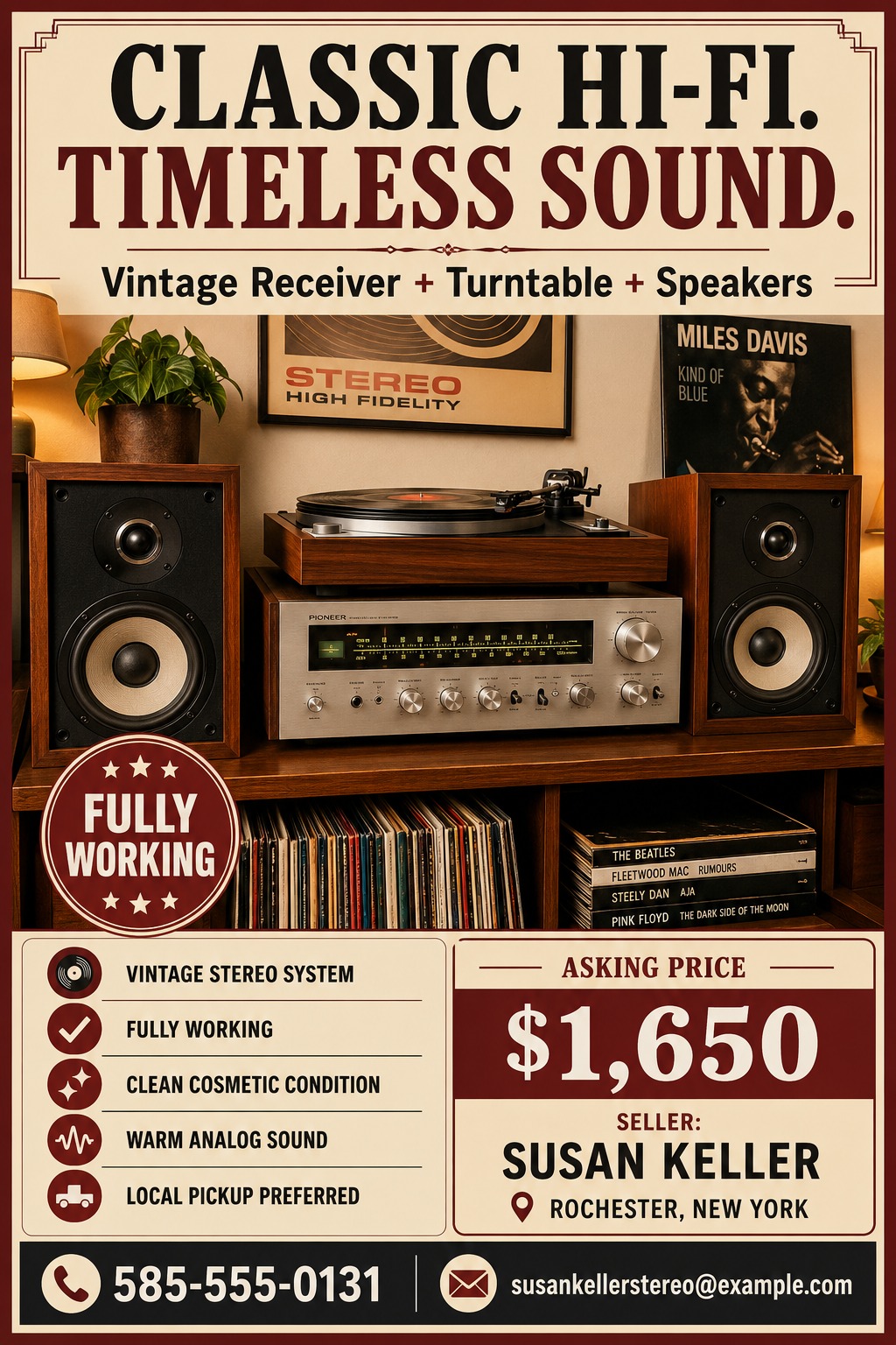 Flyer for a vintage stereo system for sale. Features a large photo of a Pioneer receiver, turntable, and wood-grain speakers. Text reads 'Classic Hi-Fi. Timeless Sound.' with price, condition details, and seller contact info.