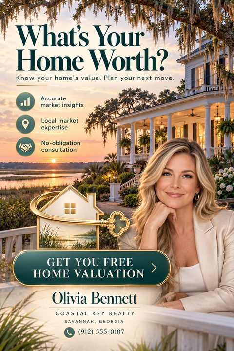 Real estate flyer with a sunset view of a coastal home, a smiling female agent, and the text 'What's Your Home Worth? Get your free home valuation.'