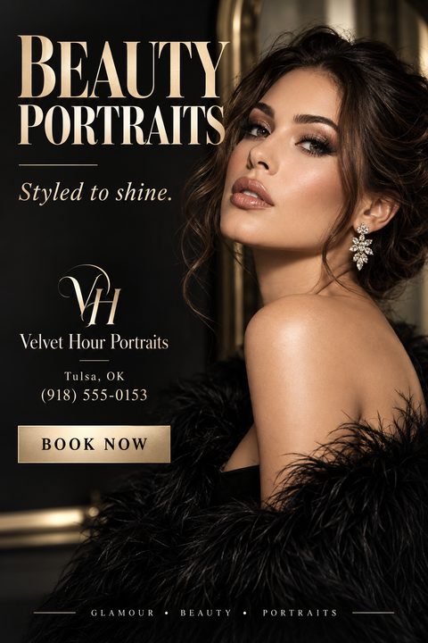 A luxurious black and gold flyer featuring a glamorous woman in a black feathered wrap. Elegant gold typography advertises beauty portraits, with a prominent book now button and contact details.
