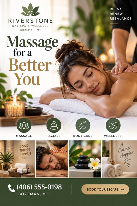 Flyer for a day spa and wellness center. Large photo of a woman receiving a massage. Icons for massage, facials, body care, and wellness. Grid of smaller photos showing a spa interior, a man getting a massage, hot stones, and rolled towels. Phone.