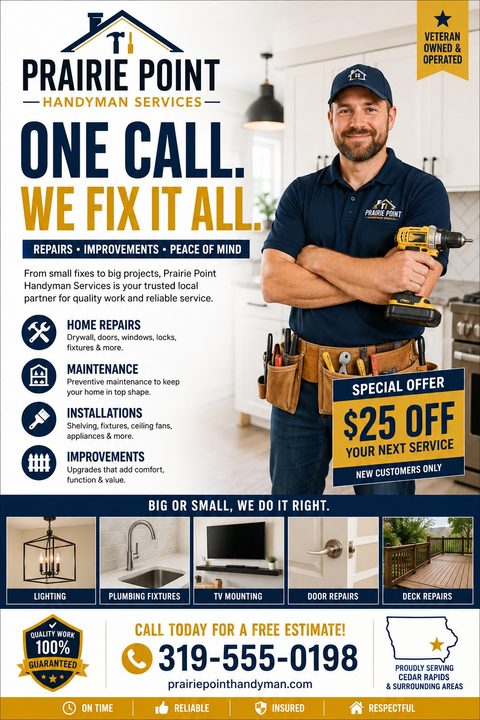 Handyman services flyer template with a navy and gold color scheme. Features a smiling handyman holding a drill, a list of services, a special offer, and photos of various home repairs.