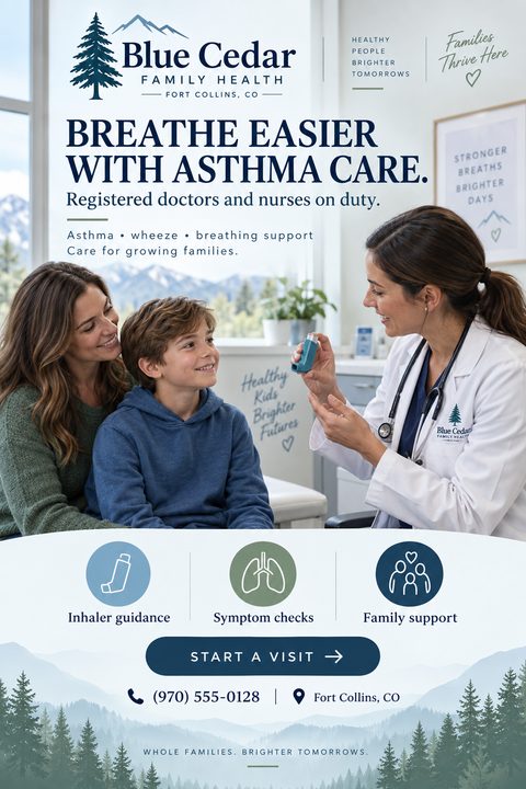 Flyer for Blue Cedar Family Health promoting asthma care. Features a photo of a doctor showing an inhaler to a young boy and his mother. Includes icons for inhaler guidance, symptom checks, and family support.