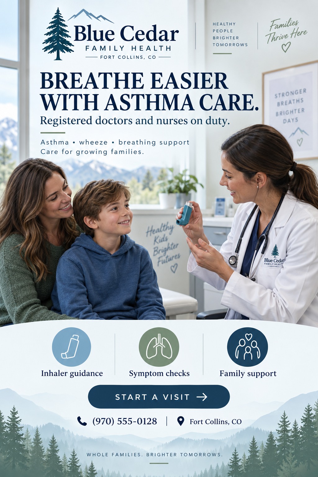 Flyer for Blue Cedar Family Health promoting asthma care. Features a photo of a doctor showing an inhaler to a young boy and his mother. Includes icons for inhaler guidance, symptom checks, and family support.