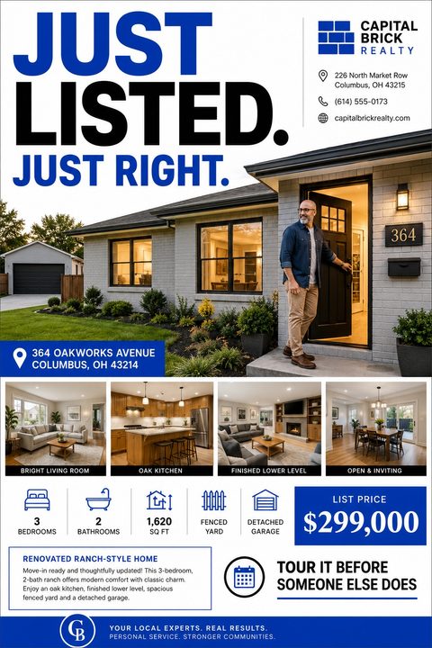 Real estate 'Just Listed' flyer featuring bold blue and black text, a large photo of a man at a house entrance, four interior photos, property details with icons, and a prominent price tag.