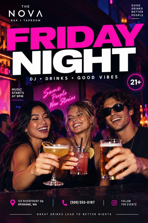 Flyer for a Friday night event at a bar, featuring a photo of three young adults smiling and holding drinks. Bold pink and white text reads 'Friday Night'.
