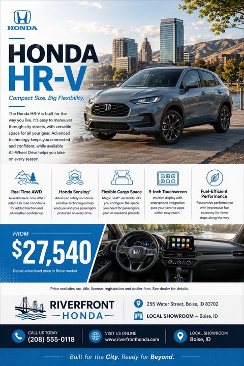 A car dealership flyer featuring a large photo of a grey SUV by a city river, a row of feature icons, a price block, an interior dashboard photo, and dealership contact details in blue.