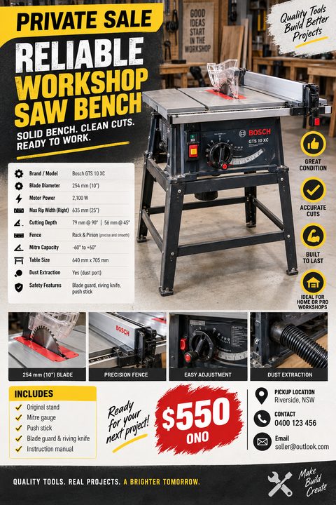 A bold yellow, black, and white flyer for a private tool sale. It features a large photo of a table saw, a specifications table, four detail photos, and a prominent red price tag.