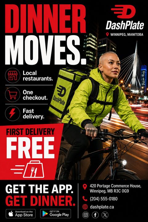 A bold red and black flyer for a food delivery app. A photo shows a delivery rider on a bicycle at night in a city. Text reads 'Dinner Moves,' 'First Delivery Free,' and 'Get the app.'