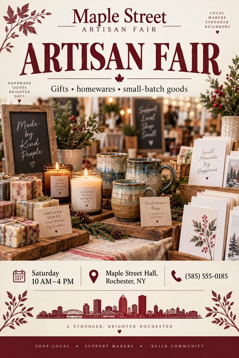 Flyer for an Artisan Fair featuring a photo of a market stall with handmade soaps, candles, mugs, and cards. The text is in burgundy on a cream background, with a burgundy city skyline graphic at the bottom.