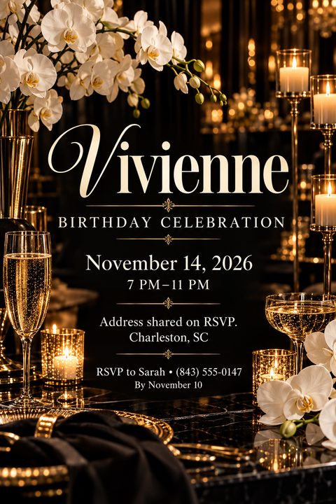 An elegant black and gold birthday invitation flyer featuring champagne flutes, glowing candles in tall holders, and white orchids on a dark marble table setting.