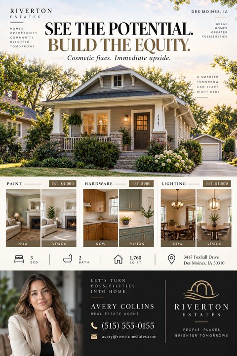 Real estate flyer template titled 'See the Potential. Build the Equity.' featuring a large photo of a craftsman-style house. Below are three sets of 'Now' and 'Vision' photos showing potential updates for paint, hardware, and lighting with estimated.