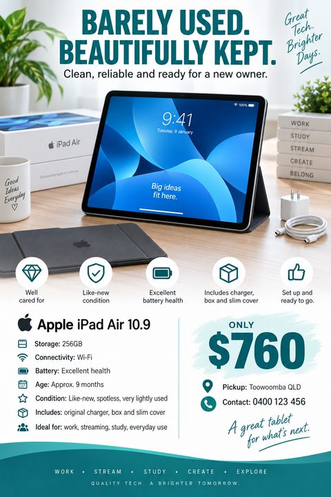 A flyer for selling a used tablet. It features a large photo of an iPad on a desk, icons highlighting its condition, a list of specifications, and a prominent price tag.