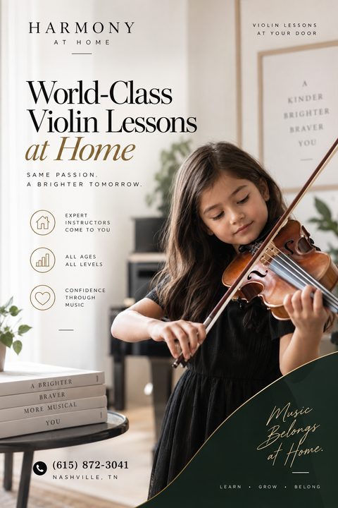 Flyer for in-home violin lessons featuring a young girl playing the violin. Text reads 'World-Class Violin Lessons at Home'. Includes icons for expert instructors, all ages, and confidence building.