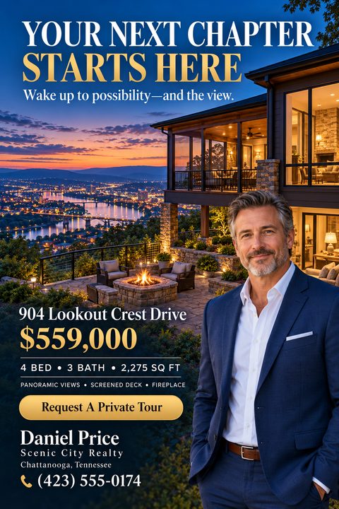 A luxury real estate flyer featuring a twilight photo of a hillside home overlooking a glowing city. A male agent stands in the foreground, with elegant gold and white text detailing the property.
