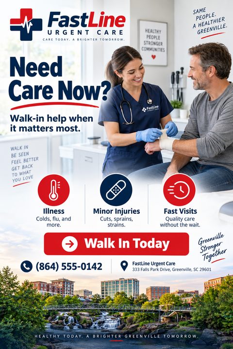 Urgent care clinic flyer featuring a nurse bandaging a patient's arm, red and navy blue service icons, a 'Walk In Today' button, and a city skyline photo at the bottom.