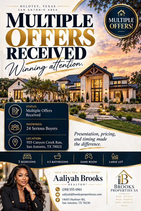 Real estate flyer template with a large photo of a luxury home at sunset. Text reads 'Multiple Offers Received' in large navy and gold letters. Includes property details, agent photo, and contact information on a navy and white background with gold.