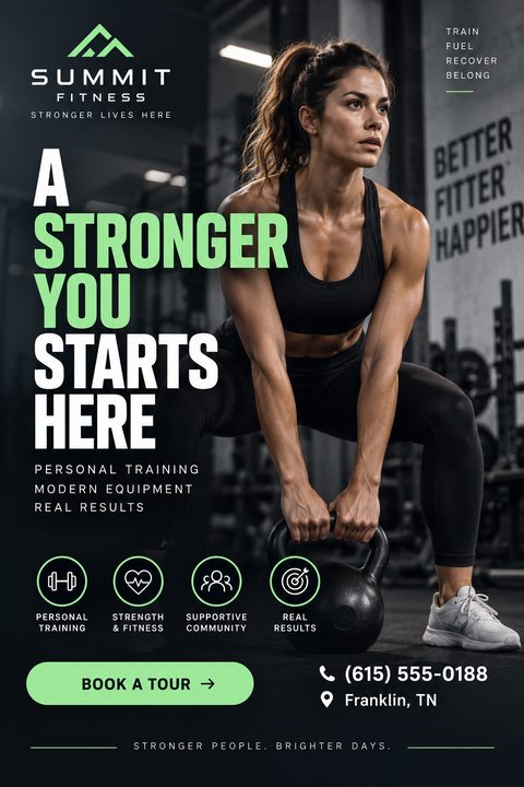 A dark and gritty flyer for a gym or personal training service. A woman is lifting a kettlebell in a gym setting. The text reads 'A Stronger You Starts Here'.