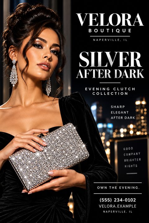 A woman in a black velvet dress holds a sparkling silver clutch purse against a blurred city skyline at night. The text reads 'Velora Boutique, Naperville, IL. Silver After Dark Evening Clutch Collection. Sharp, Elegant, After Dark. Good Company.