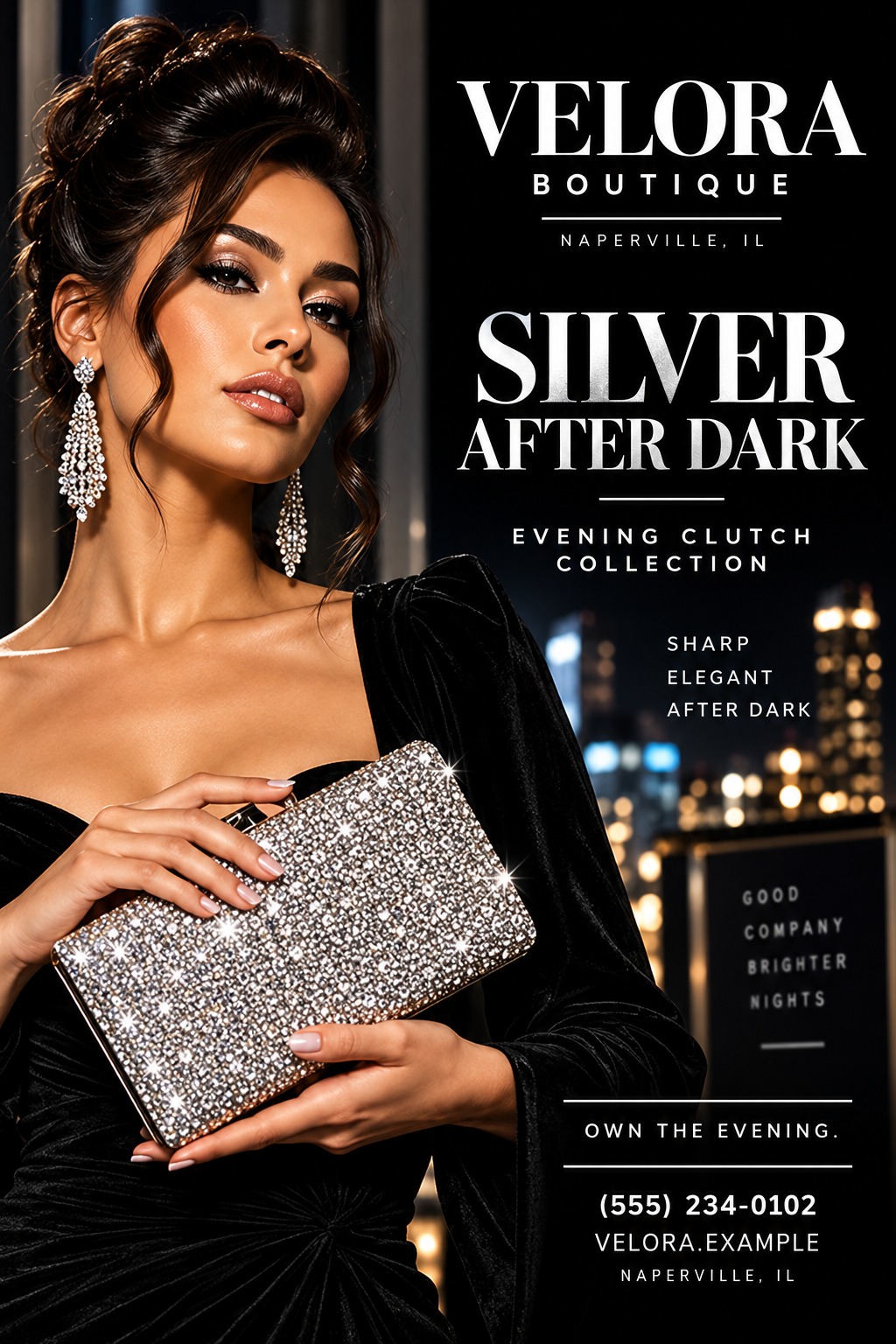 A woman in a black velvet dress holds a sparkling silver clutch purse against a blurred city skyline at night. The text reads 'Velora Boutique, Naperville, IL. Silver After Dark Evening Clutch Collection. Sharp, Elegant, After Dark. Good Company.