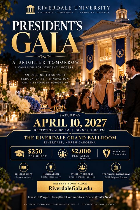 A formal fundraising gala flyer with a navy blue and gold color scheme. The top half features a photo of an elegant outdoor evening event with people in formal wear. The bottom half contains event details, ticket prices, and a website link.