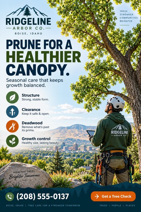 Flyer for a tree care company featuring an arborist in safety gear looking up at a large tree, with a city and mountains in the background. Includes service icons and contact information.