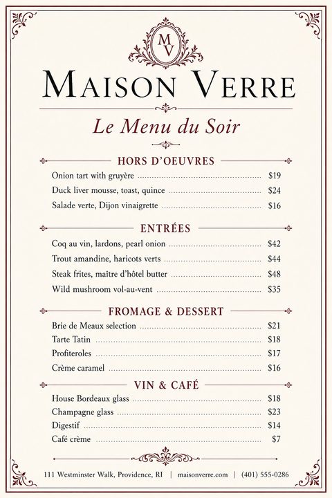 A classic, elegant restaurant menu template with a cream background, dark red ornate borders, and sections for Hors D'oeuvres, Entrees, Fromage & Dessert, and Vin & Cafe.
