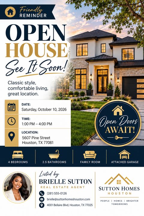 Open house flyer template with a large photo of a modern two-story house at twilight. The design uses navy blue and gold accents, with sections for event details, property features, and agent contact information.
