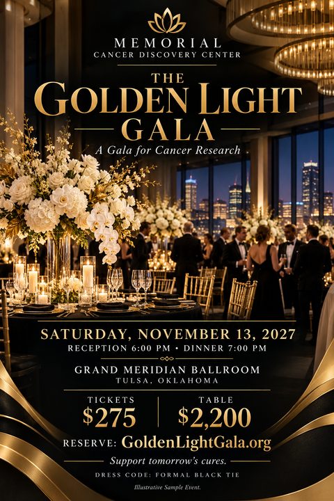 Elegant black and gold flyer for a fundraising gala. The top half features a photo of a formal dinner setting with white floral centerpieces, guests in black tie, and a city skyline at night.