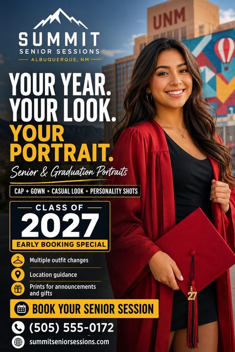 Flyer for senior and graduation portraits featuring a smiling young woman in a red graduation gown holding a cap. Text includes 'Your Year. Your Look. Your Portrait.', 'Class of 2027 Early Booking Special', and lists services like multiple outfit.