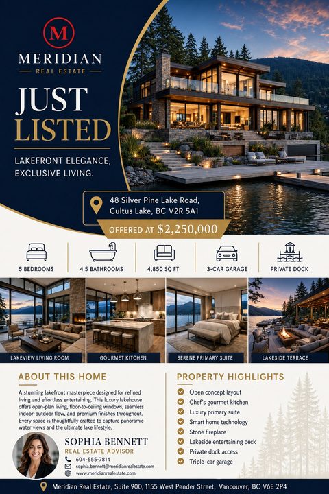 A luxury real estate just listed flyer with a navy blue and gold color scheme. It features a large twilight exterior photo, four interior shots, property icons, and an agent profile section.