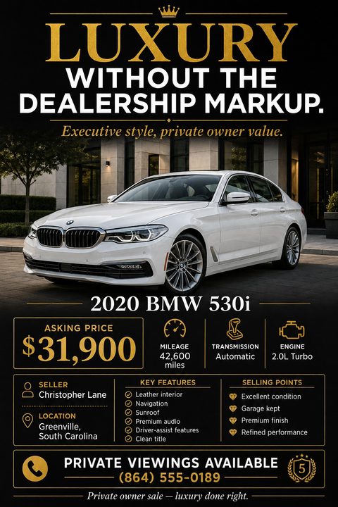 A black and gold flyer template for selling a luxury car. It features a large photo of a white sedan, with text reading 'Luxury without the dealership markup'. Below the photo are sections for asking price, mileage, transmission, engine, seller.
