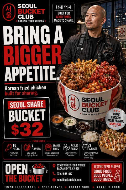 A bold black and red flyer featuring a man holding a massive bucket of Korean fried chicken and fries. Large text reads 'Bring a Bigger Appetite' above a $32 meal deal breakdown.