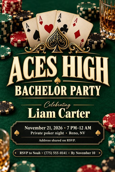A casino-themed bachelor party invitation flyer featuring a green felt background, scattered poker chips, four aces playing cards, a glass of whiskey, and elegant gold typography.