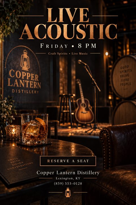 Flyer for Live Acoustic music at a distillery. The background shows a dimly lit bar with a cocktail in the foreground and a stage with an acoustic guitar and microphone in the background.