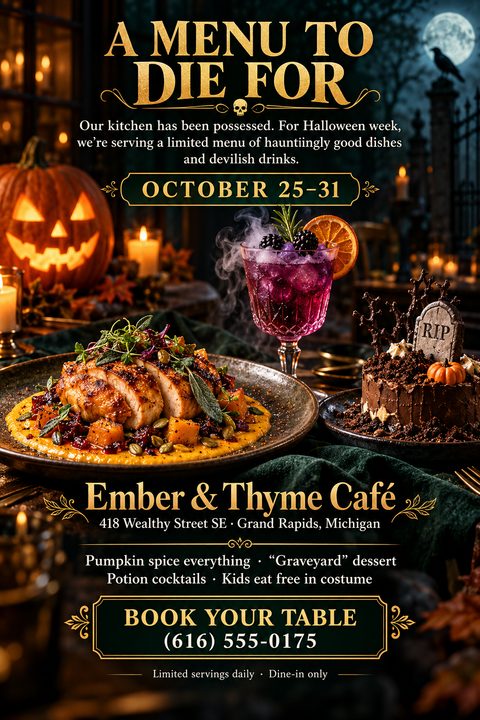 A dark, moody Halloween restaurant flyer featuring a glowing jack-o'-lantern, a gourmet roasted chicken dish, a smoking purple cocktail, and a graveyard-themed chocolate cake. Elegant gold typography highlights the special menu details.
