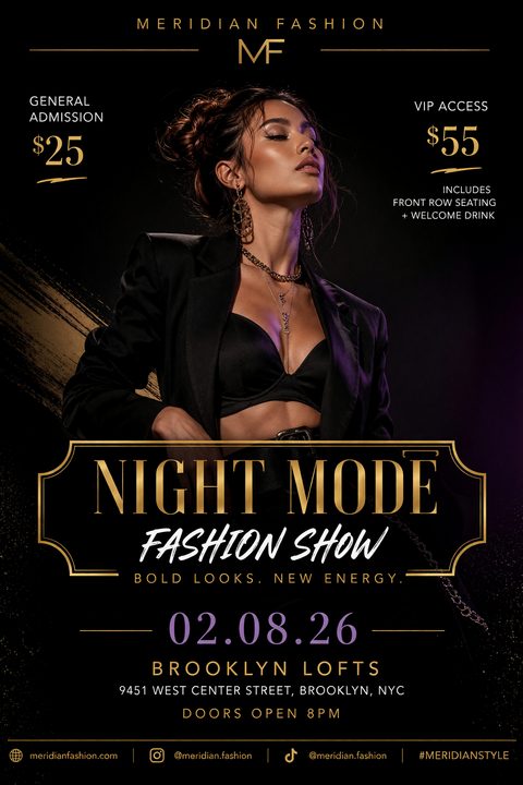 A black and gold flyer template for a fashion show featuring a woman in a black blazer and gold jewelry. Text includes 'Night Mode Fashion Show', date, location, and ticket prices.