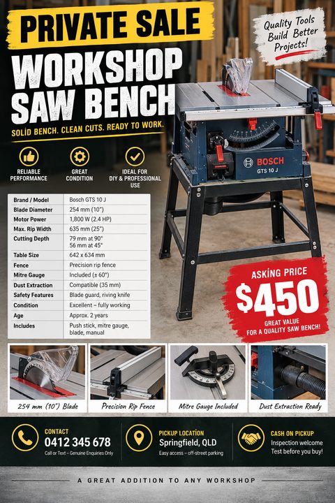 Flyer for a private sale of a workshop saw bench. Features a large photo of a Bosch table saw, a detailed specification table, four smaller detail photos, and a prominent asking price of $450.