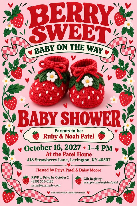 A pink baby shower invitation flyer featuring a pair of knitted red strawberry baby booties in the center, framed by illustrated strawberry vines, white blossoms, and pink and white gingham ribbons.