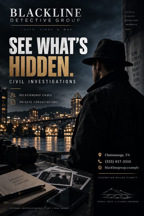 A flyer for a detective agency featuring a man in a fedora looking out over a city at night. Text reads 'See What's Hidden. Civil Investigations.'