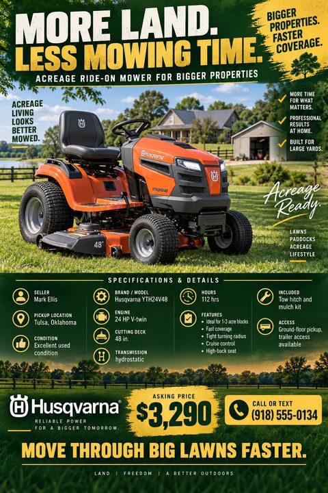 Flyer for a used ride-on mower for sale. Features a large photo of an orange Husqvarna mower on a lawn, with a detailed specifications section below listing brand, engine, cutting deck, hours, and features. The asking price and contact number are.