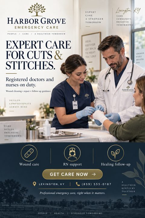 Flyer for Harbor Grove Emergency Care titled 'Expert Care for Cuts & Stitches'. Shows a doctor and nurse bandaging a patient's arm. Features a navy blue section with gold icons for wound care, RN support, and healing follow-up.