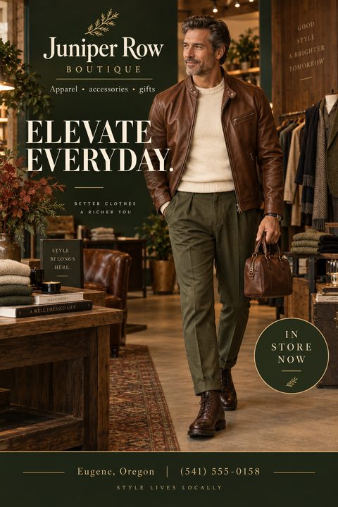 A flyer for a menswear boutique featuring a man in a brown leather jacket and green trousers walking through a rustic clothing store. The text reads 'Elevate Everyday' and 'In Store Now'.