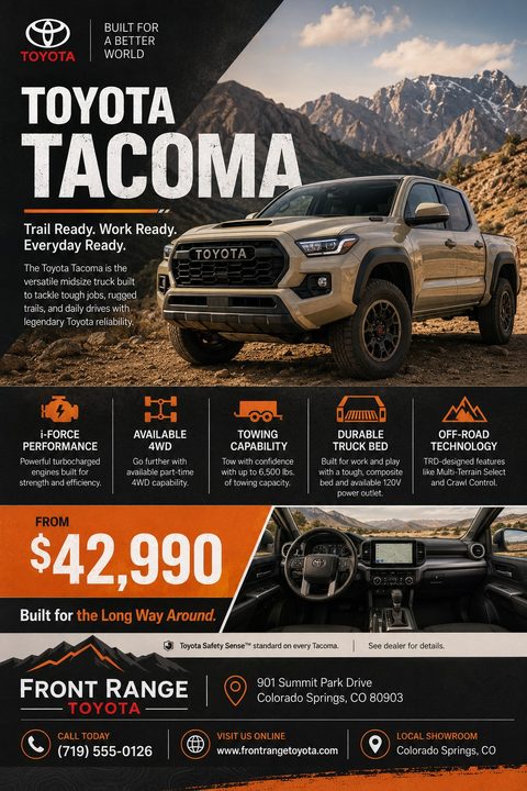 A rugged pickup truck parked in a mountainous landscape, featuring bold white text, orange feature icons, an interior dashboard photo, and a prominent price tag on a dark background.