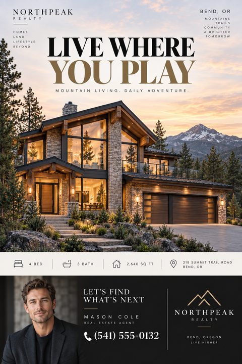 Real estate flyer template with a large photo of a modern mountain home at sunset, the headline 'Live Where You Play', property details, and an agent photo and contact information at the bottom.