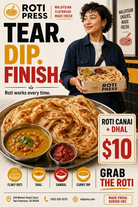A bold takeaway food flyer featuring a woman holding flatbread and dips, with a large close-up of roti and curry below. Large text reads "TEAR. DIP. FINISH." in black, yellow, and red.