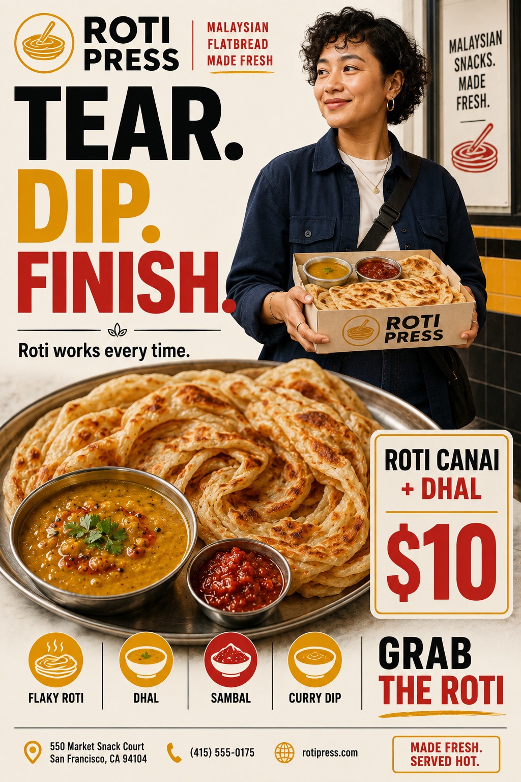 A bold takeaway food flyer featuring a woman holding flatbread and dips, with a large close-up of roti and curry below. Large text reads "TEAR. DIP. FINISH." in black, yellow, and red.