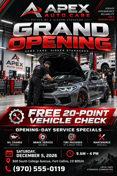 A bold auto shop grand opening flyer featuring metallic red text, a mechanic working on a grey sports car in a modern garage, and icons for various car services.