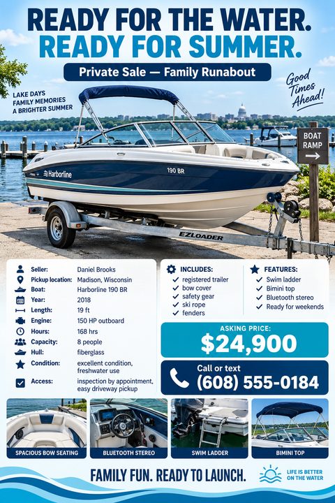 A flyer advertising a boat for sale. The main image shows a blue and white boat on a trailer near a lake. Below are details like seller, location, year, length, engine, hours, capacity, hull, condition, and access. It lists included items and.